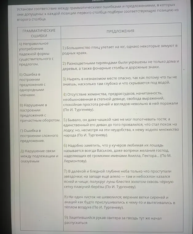 Ты просишь установить соответствие между грамматическими ошибками и предложениями, в которых они допущены в позициях первого и второго столбца.