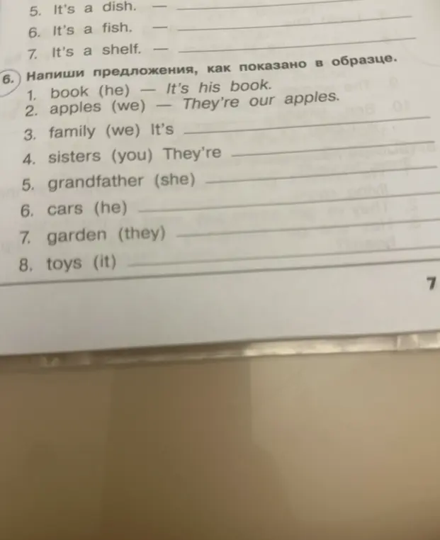 Составь предложения с притяжательными местоимениями: family (we)