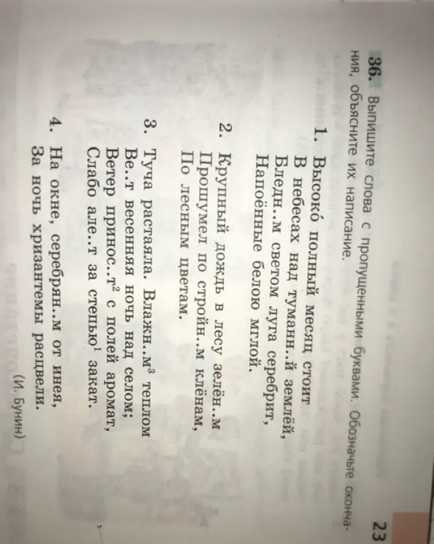 Выполни упражнение: выпиши слова с пропущенными буквами, обозначь окончания, объясни их написание в тексте "Высоко полный месяц стоит".