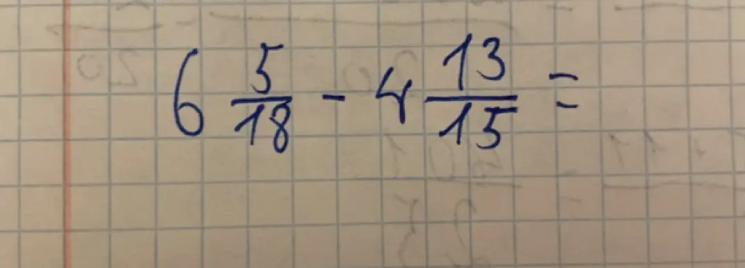 Вычисли разность $6 \frac{5}{18} - 4 \frac{13}{15}$
