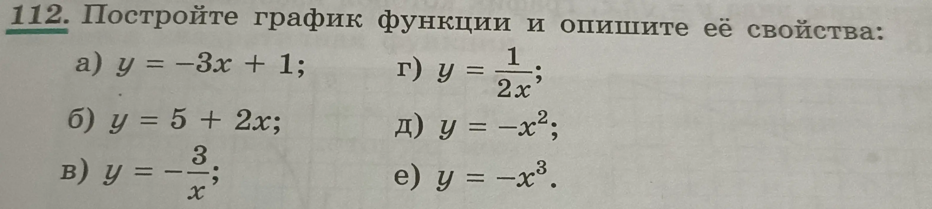 Построй график функции y = -3x + 1 и опиши её свойства