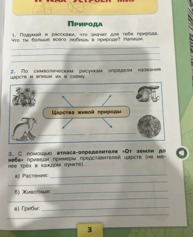 Помоги ответить на вопросы по природоведению: что для тебя значит природа, определи названия царств и приведи примеры представителей царств