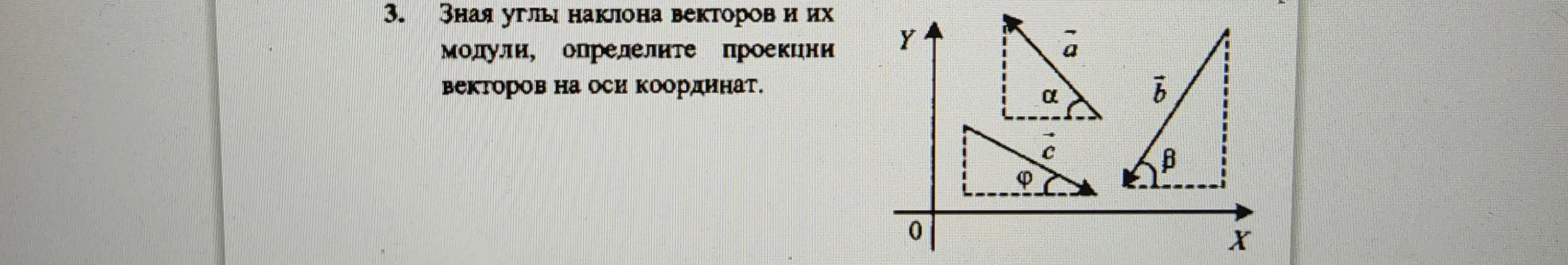 Определи проекции векторов на оси координат, зная углы наклона векторов и их модули