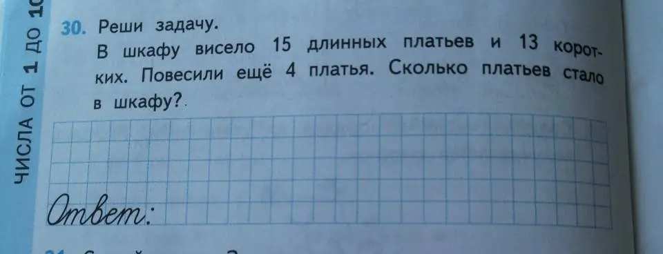 Реши задачу: в шкафу висело 15 длинных платьев и 13 коротких. Повесили ещё 4 платья. Сколько платьев стало в шкафу?