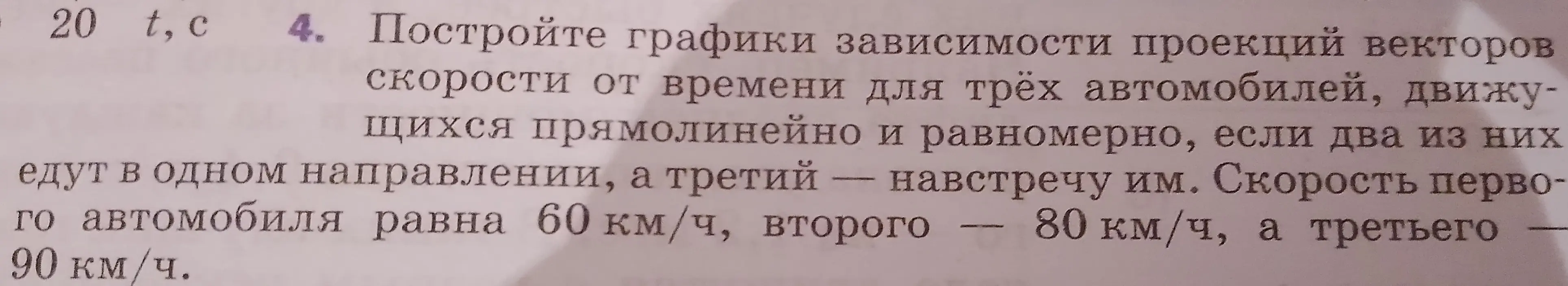 Построй графики зависимости проекций векторов скорости от времени для трёх автомобилей