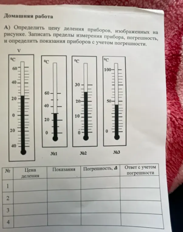 Помоги мне определить цену деления приборов, записать пределы измерения прибора, погрешность, и определить показания приборов с учетом погрешности.