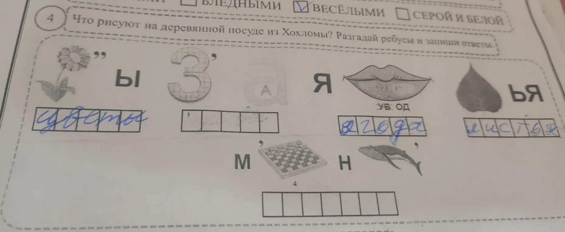 Разгадай ребусы и запиши ответы (Что рисуют на деревянной посуде из Хохломы?)