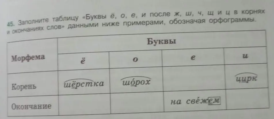 Предложи заполнить таблицу «Буквы ё, о, е, и после ж, ш, ч, щ и ц в корнях и окончаниях слов» данными ниже примерами, обозначая орфограммы.