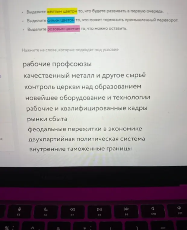 Помоги выделить жёлтым цветом то, что будешь развивать в первую очередь; синим цветом то, что может тормозить промышленный переворот; розовым цветом то, что можно оставить.
