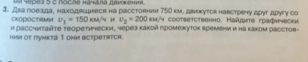 Можешь помочь мне графически и теоретически рассчитать, через какой промежуток времени и на каком расстоянии от пункта 1 встретятся два поезда, находящиеся на расстоянии 750 км, движущиеся навстречу друг другу со скоростями v₁ = 150 км/ч и v₂ = 200 км/ч соответственно?