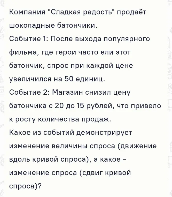 Какое из событий демонстрирует изменение величины спроса, а какое – изменение спроса?