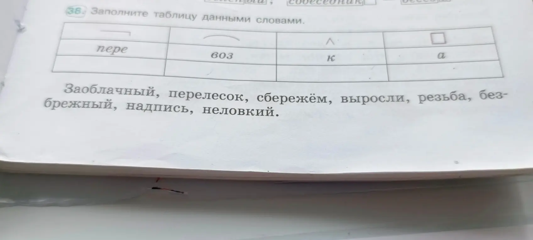 Помоги заполнить таблицу данными словами, определив приставку в каждом слове