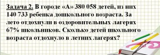 Вычисли, сколько детей школьного возраста отдохнуло в летних лагерях, если в городе «А» 380 058 детей, из них 140 733 ребенка дошкольного возраста, а в оздоровительных лагерях отдохнули 67% школьников.