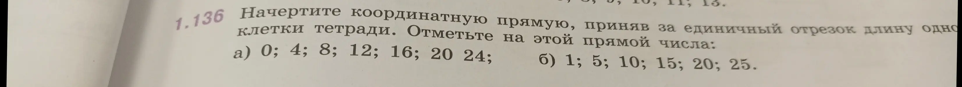 Начерти координатную прямую, приняв за единичный отрезок длину одной клетки тетради и отметь на этой прямой числа: 0; 4; 8; 12; 16; 20 24