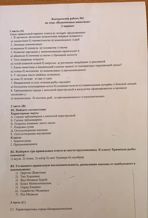 Можешь помочь мне с контрольной работой №3 по теме «Позвоночные животные»? Первый вопрос: в процессе эволюции позвоночник впервые появился у...
