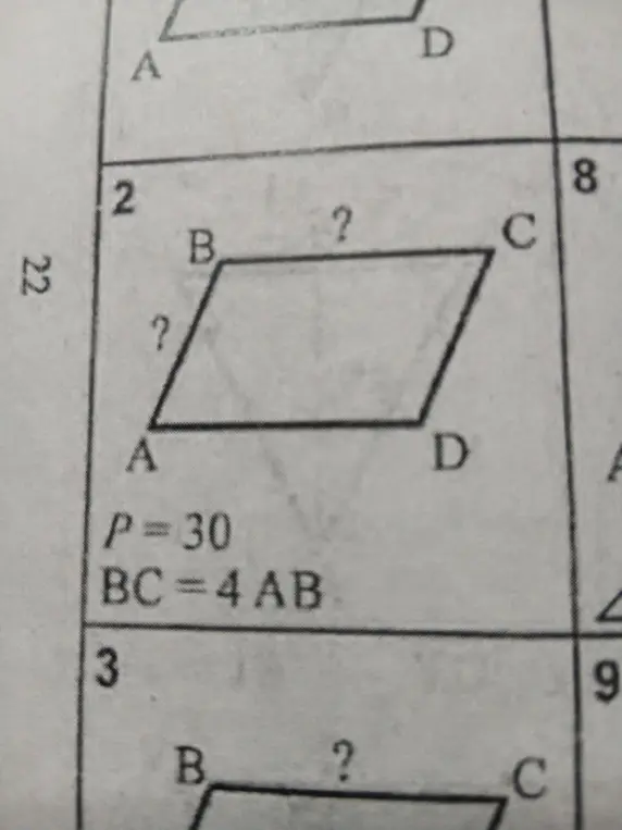 Найди длину сторон AB и BC в параллелограмме ABCD, если периметр равен 30, а BC = 4AB