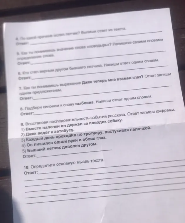 Ты просишь ответить на вопросы по тексту: о причине, по которой ослеп летчик; о значении слова «поводырь»; о том, кто стал верным другом бывшего летчика; что означает выражение «Джек теперь мне взамен глаз»; синоним к слову «выбоина»; восстановить последовательность событий рассказа; определить основную мысль текста.
