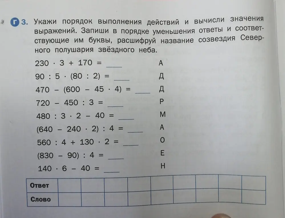 Вычисли значения выражений и расшифруй название созвездия Северного полушария звёздного неба.