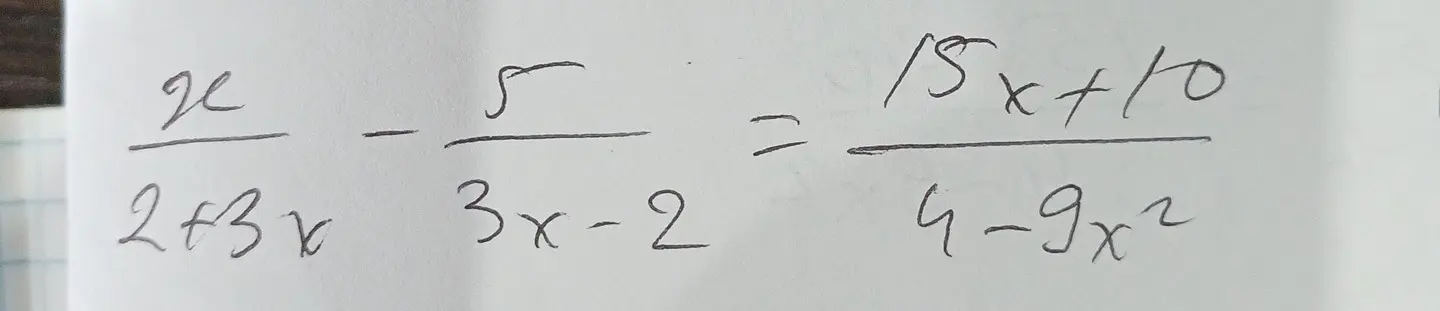 Ты просишь решить уравнение: x/(2+3x) - 5/(3x-2) = (15x+10)/(4-9x²)
