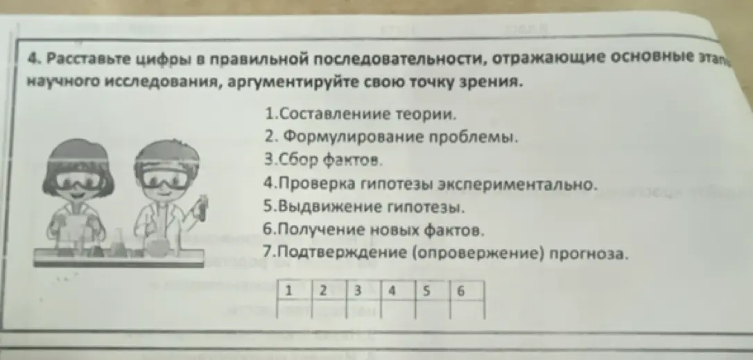 Расположи цифры в правильной последовательности, отражающей основные этапы научного исследования в пункте 1 'Составление теории'
