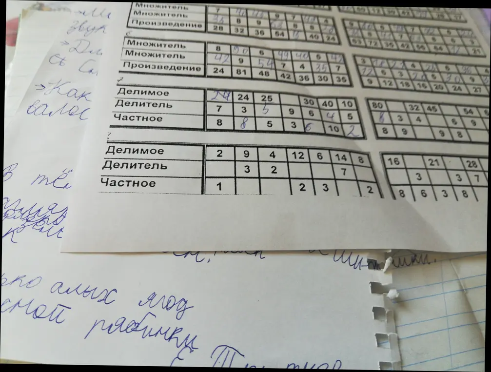 Заполни пропуски в таблице умножения и деления