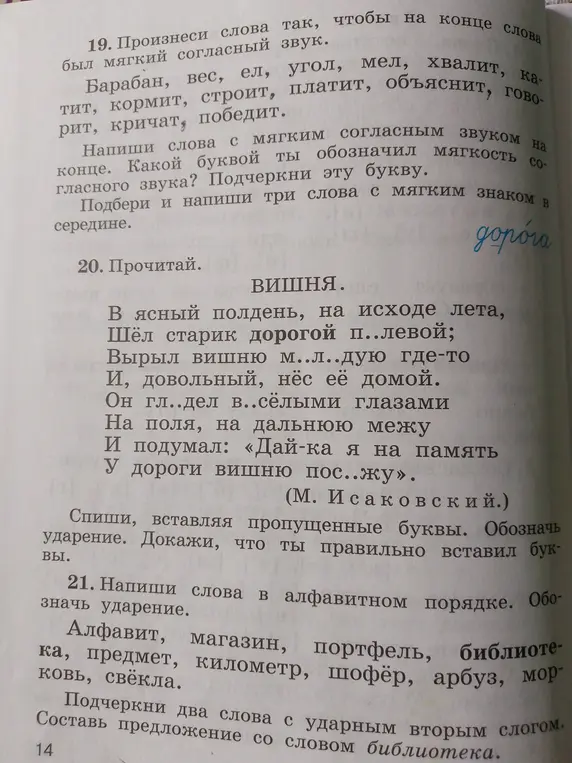 Выполни для меня упражнения: 19. Произнеси слова так, чтобы на конце слова был мягкий согласный звук. 20. Прочитай. 21. Напиши слова в алфавитном порядке.