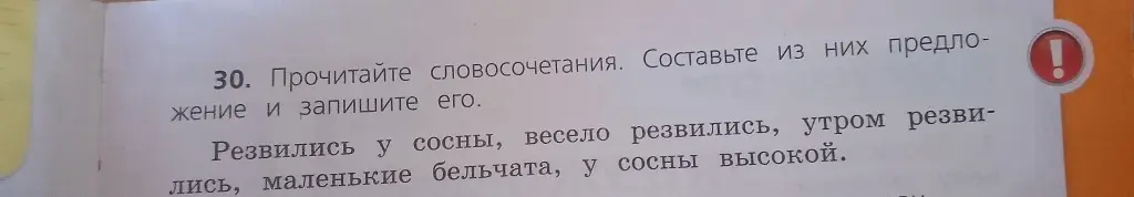 Составь предложение из словосочетаний: резвились у сосны, весело резвились, утром резвились, маленькие бельчата, у сосны высокой