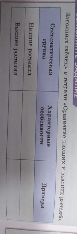 Можешь ли ты помочь мне заполнить таблицу про сравнение низших и высших растений?