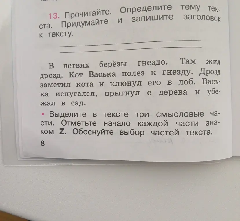 Предложи тему текста и заголовок к тексту и выдели в тексте три смысловые части