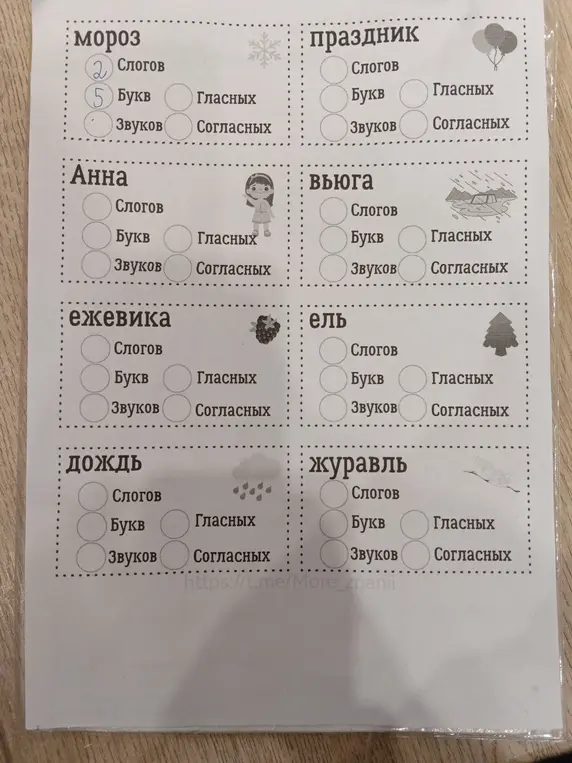 Ты просишь определить количество слогов, букв, гласных и согласных в словах праздник, Анна, вьюга, ежевика, ель, дождь, журавль.