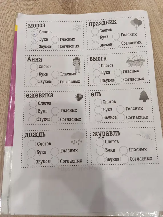Определи количество слогов, букв, гласных, согласных и звуков в словах праздник, Анна, вьюга, ежевика, ель, дождь, журавль