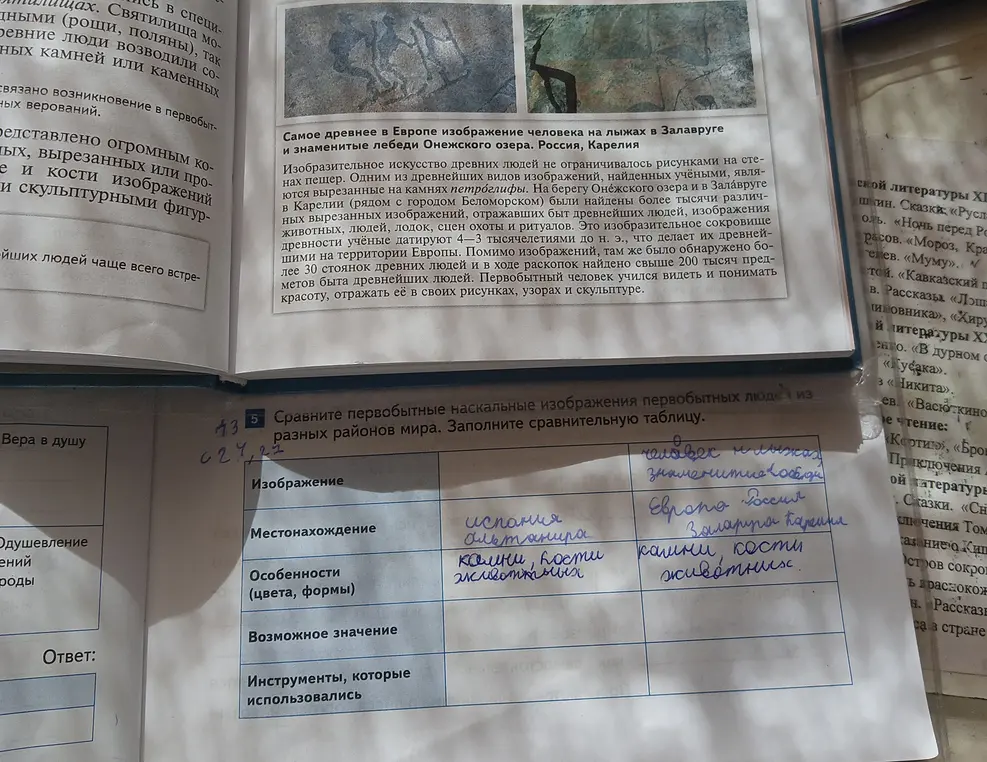 Помоги мне сравнить первобытные наскальные изображения из разных районов мира и заполнить сравнительную таблицу.