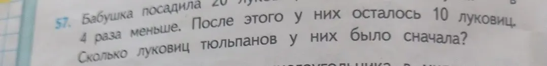 Можешь ли ты помочь мне решить задачу: Бабушка посадила 20 луковиц, тюльпанов в 4 раза меньше. После этого у них осталось 10 луковиц. Сколько луковиц тюльпанов у них было сначала?