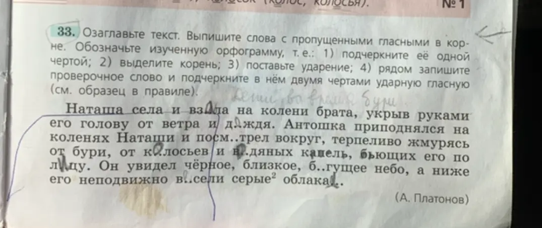 Озаглавь текст и выпиши слова с пропущенными гласными в корне
