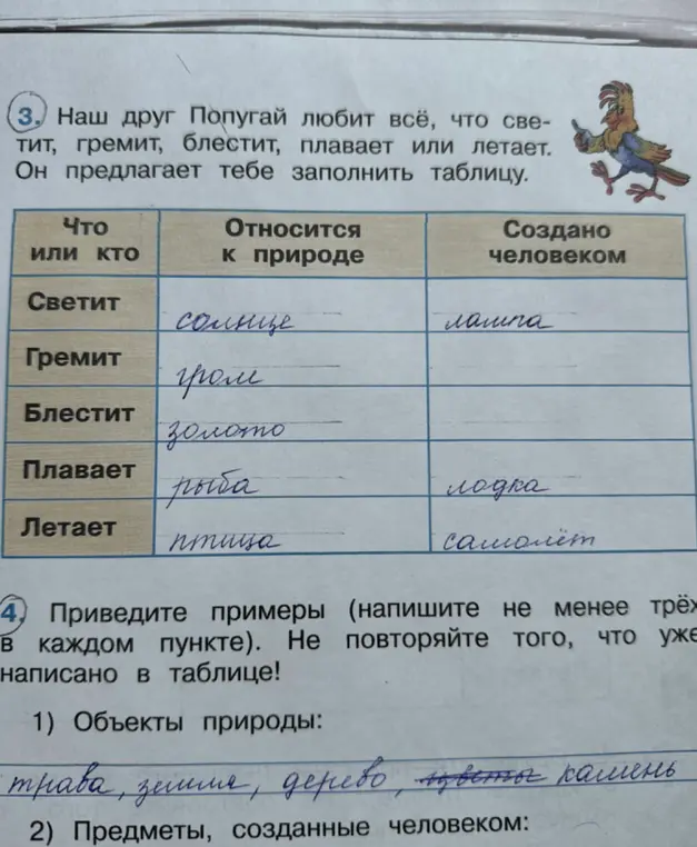 Заполни таблицу и приведи примеры объектов природы и предметов, созданных человеком