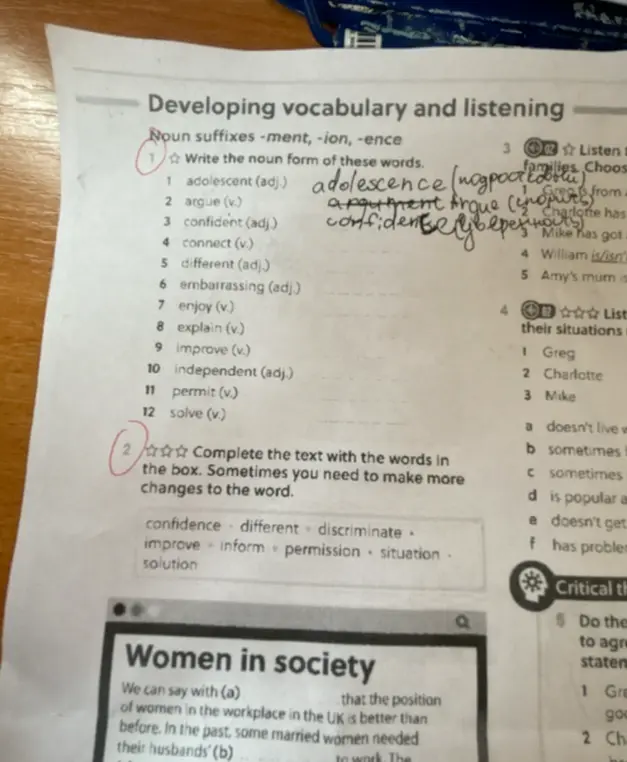 Напиши форму существительных для слов: adolescent, argue, confident, connect, different, embarrassing, enjoy, explain, improve, independent, permit, solve. Заполни текст словами: confidence, different, discriminate, improve, inform, permission, situation, solution