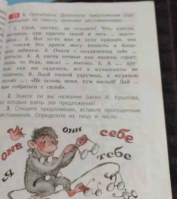 Помоги вставить пропущенные местоимения в предложениях и определи их лицо и число