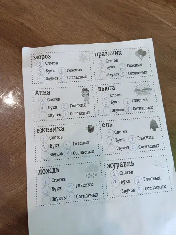 Ты просишь посчитать количество слогов, букв, звуков, гласных и согласных в словах праздник, вьюга, ель, журавль, дождь.
