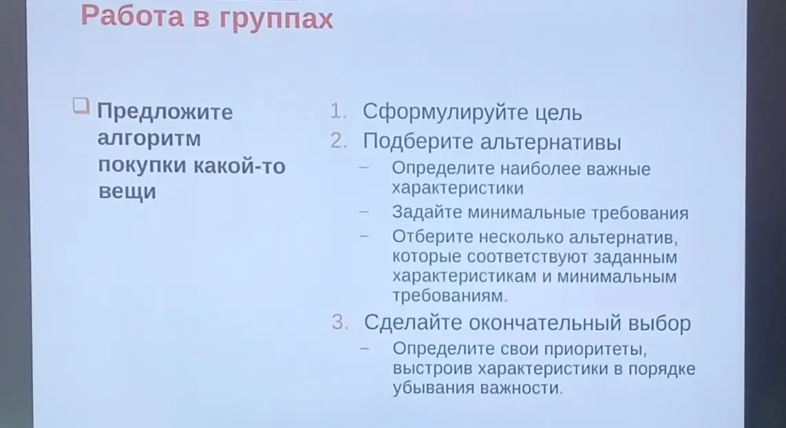 Предложи алгоритм покупки какой-то вещи