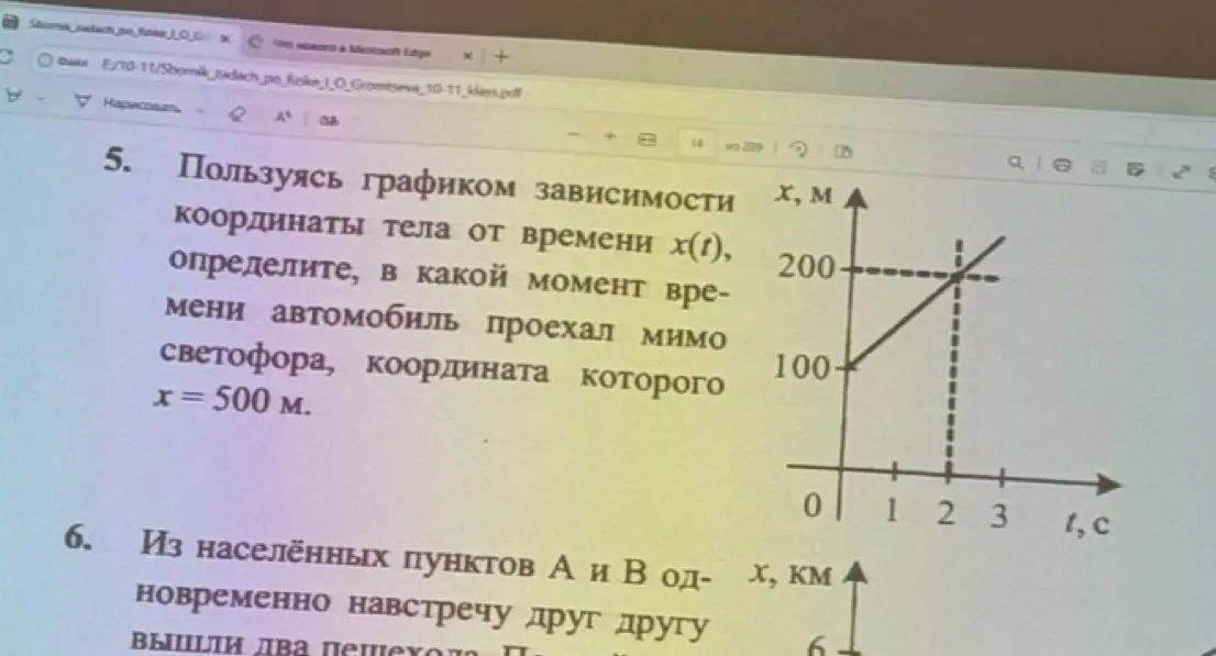 Определи, в какой момент времени автомобиль проехал мимо светофора, координата которого x = 500 м, используя график зависимости координаты тела от времени x(t)