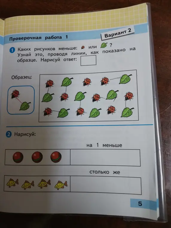 Помоги выполнить задания в проверочной работе. В первом задании нужно узнать, каких рисунков меньше: божьих коровок или листьев. Во втором задании нужно нарисовать на 1 меньше шаров и столько же рыбок.