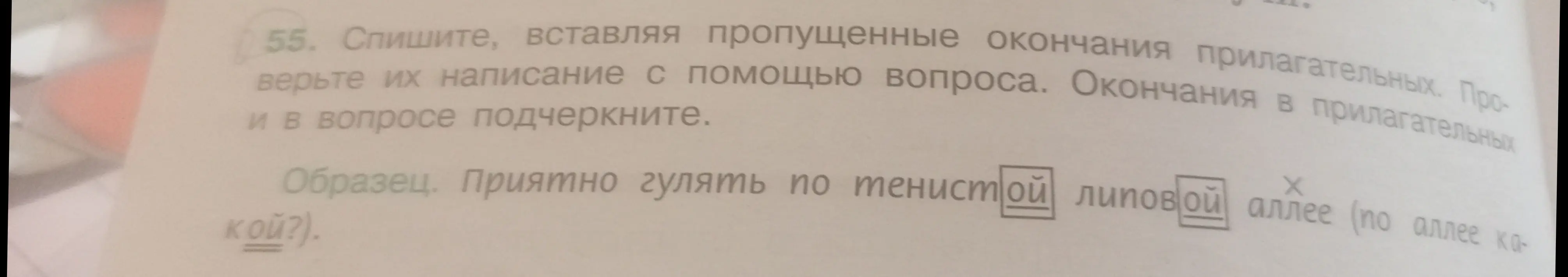 Ты просишь помочь вставить пропущенные окончания прилагательных в упражнении и подчеркнуть окончания в вопросе.