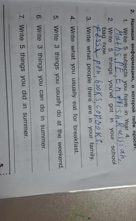 Напиши информацию, о которой тебя просят: Write 5 subjects you have in Year 4