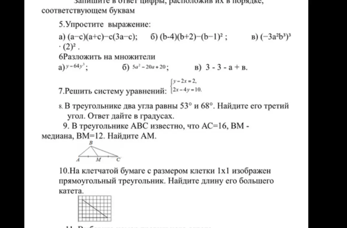 Ты просишь решить несколько задач: упростить выражения, разложить на множители, решить систему уравнений, найти угол треугольника и длину катета.