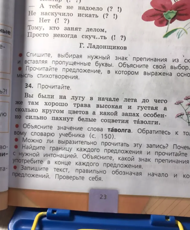 Помоги выполнить упражнения по русскому языку: вставить пропущенные буквы и знаки препинания в стихотворении, объяснить значение слова, найти границы предложений и записать текст.