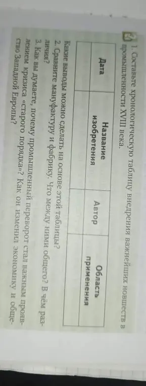 Составь хронологическую таблицу внедрения важнейших новшеств в промышленности XVIII века.