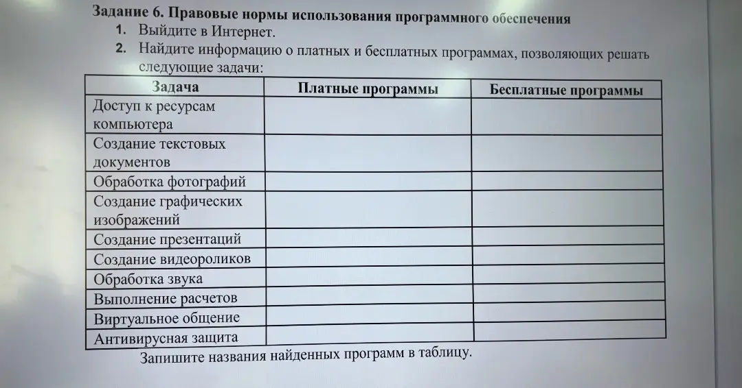 Помоги мне заполнить таблицу с названиями платных и бесплатных программ для разных задач.