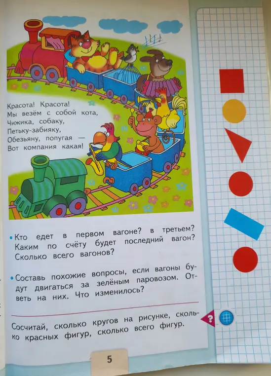 Ты задал вопросы про картинку с поездом: кто едет в первом и третьем вагоне, каким по счету будет последний вагон и сколько всего вагонов. Также просишь составить похожие вопросы, если вагоны будут двигаться за зелёным паровозом, и посчитать круги и красные фигуры на рисунке.