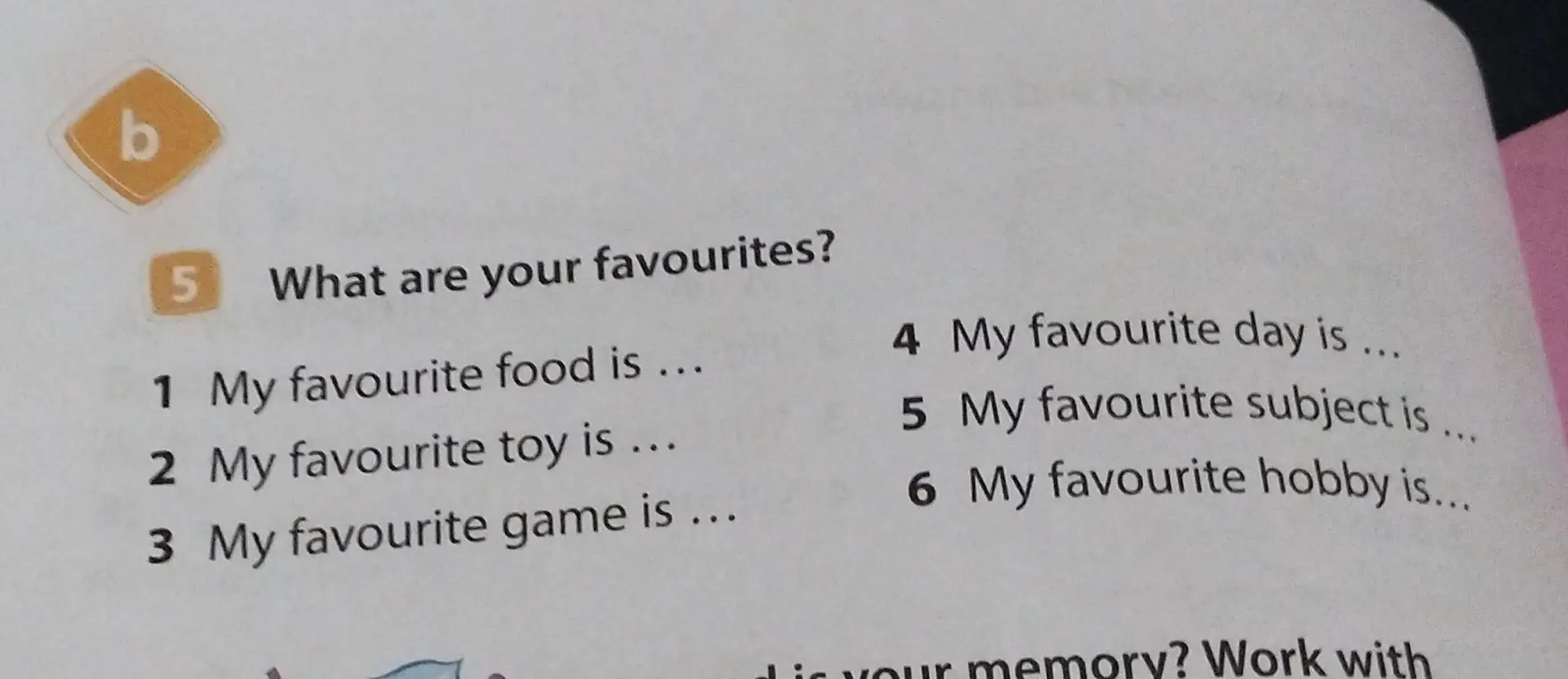 Ты просишь меня ответить на вопросы, начиная с 'My favourite food is' и заканчивая 'My favourite hobby is'.