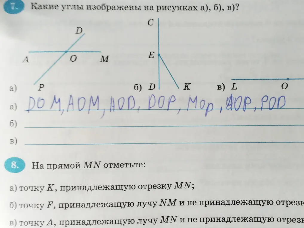 Ты просишь назвать углы на рисунках а), б), в), а также отметить точки на прямой MN, принадлежащие или не принадлежащие отрезкам и лучам.